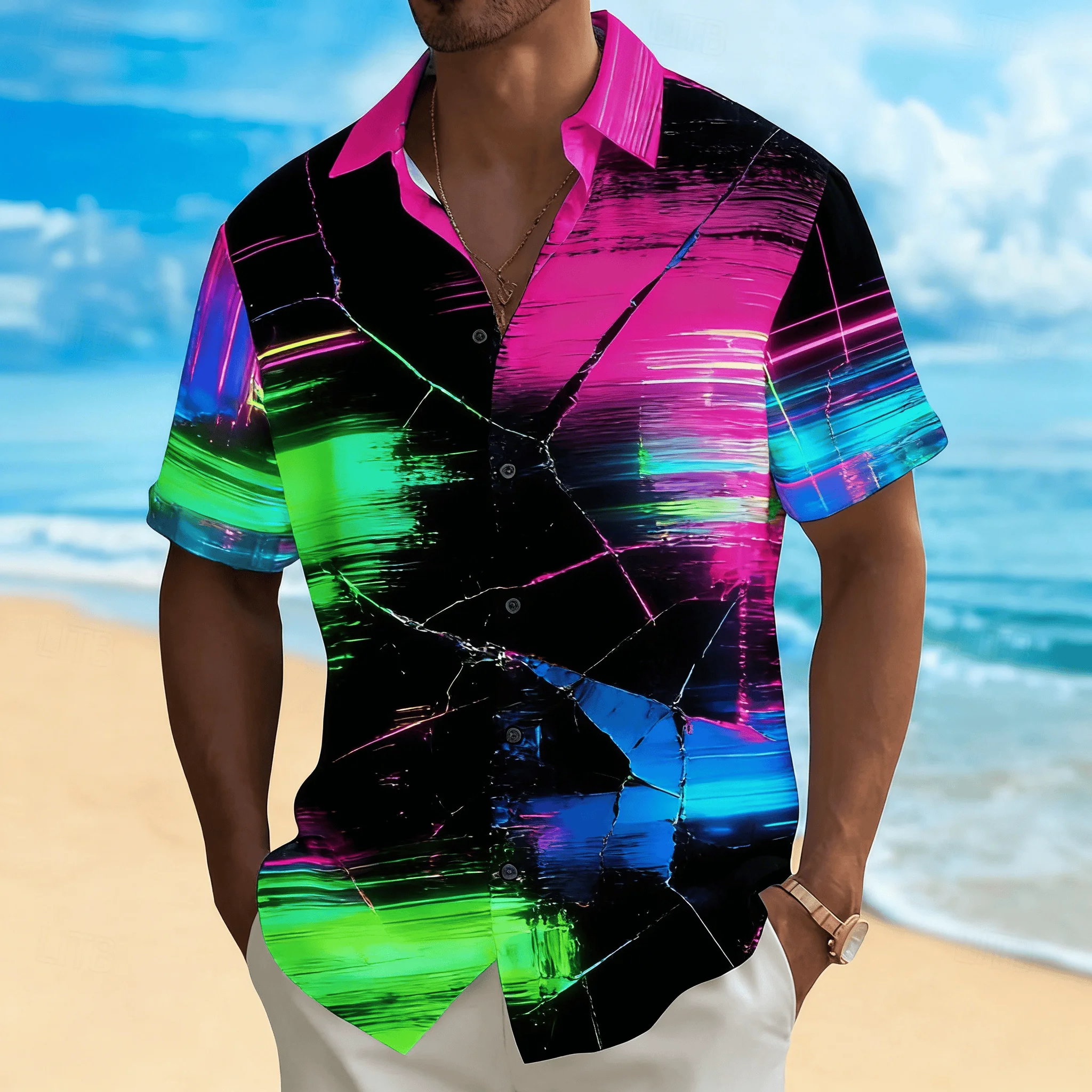 Men's Neon Colored Short Sleeved Shirt with Colorful Abstract Art Buttons, Suitable for Comfortable Summer Leisure Vacation