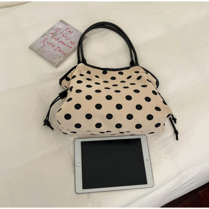 Koreanische Schultertasche aus Baumwoll-Leinen mit Polka Dots, Damen-Patchwork-Tragetasche mit großem Fassungsvermögen, vielseitige Freizeit-Handtasche für den Arbeitsweg – Detail 3