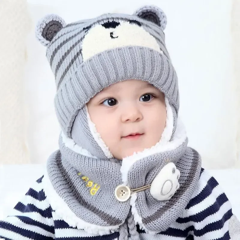 Winter Baby Girl Hat Scarf Set For Children Boys Kids Cartoon Bear Stripe Knit Ear Beanie Cap And Button Paw Scarves Warm Suit