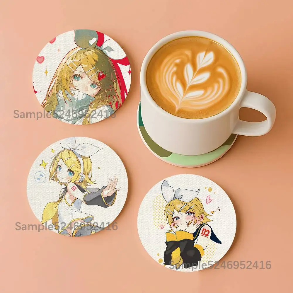 

K-Kaga-mine-Singer Rin Pattern Art Coasters Round Wooden Heat Resistant Non-Slip Home Decor Gift Multifunctional
