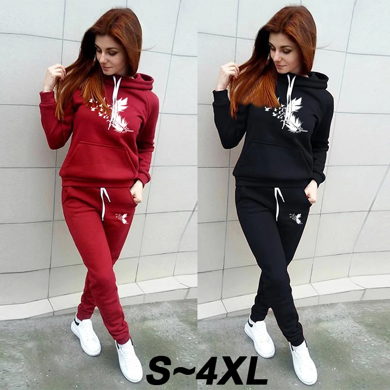 Women\'s hoodie sports pants two-piece set of sportswear jogging suit printed pullover hoodie jogging pants two-piece set