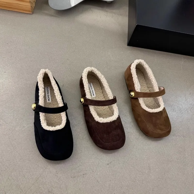 ผู้หญิงแฟชั่นรองเท้าแบนฤดูหนาวใหม่รอบหัวตื้นปาก Suede Anti-SLIP สวมใส่ Low-Top รองเท้าผ้าฝ้าย