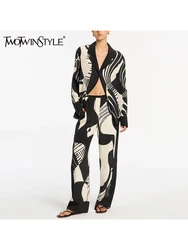 TWOTWINSTYLE Hit Color Two Piece Set For Women V Neck Long Sleeve Blouse High Waist Wide Leg Pant Printing Sets Female Fshion