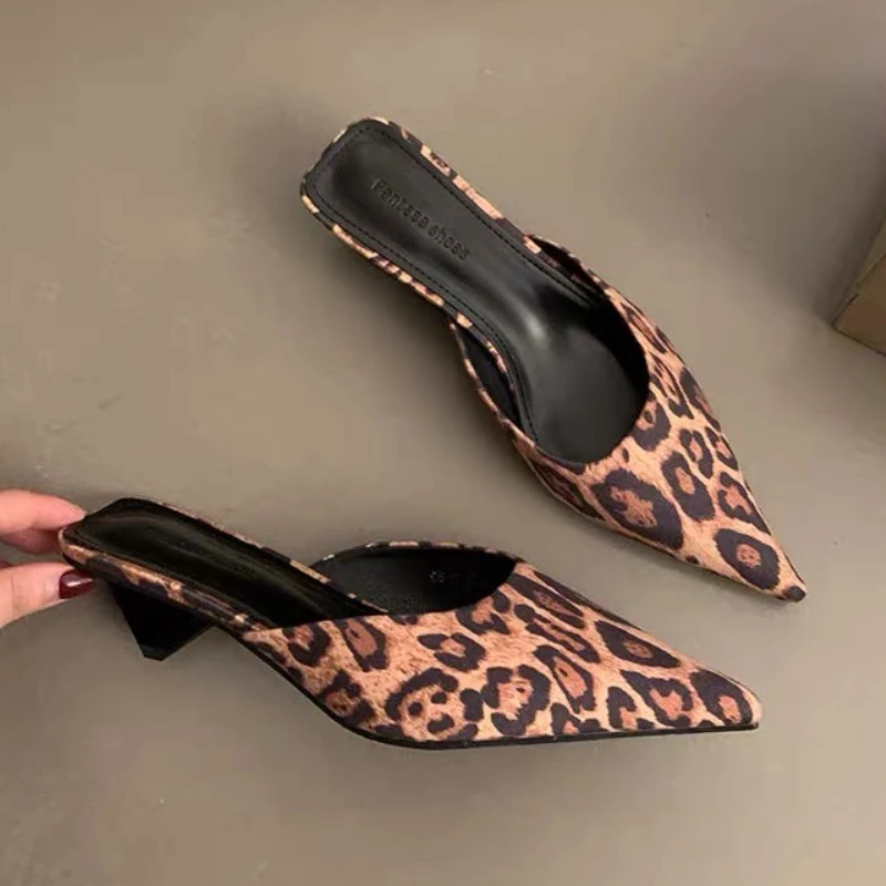 

Mules Shoes Women Pointed Toe High Heels Shoes Leopard Slippers Sexy Sandals Designer 2025 Summer New Party Dress Pumps Mujer
