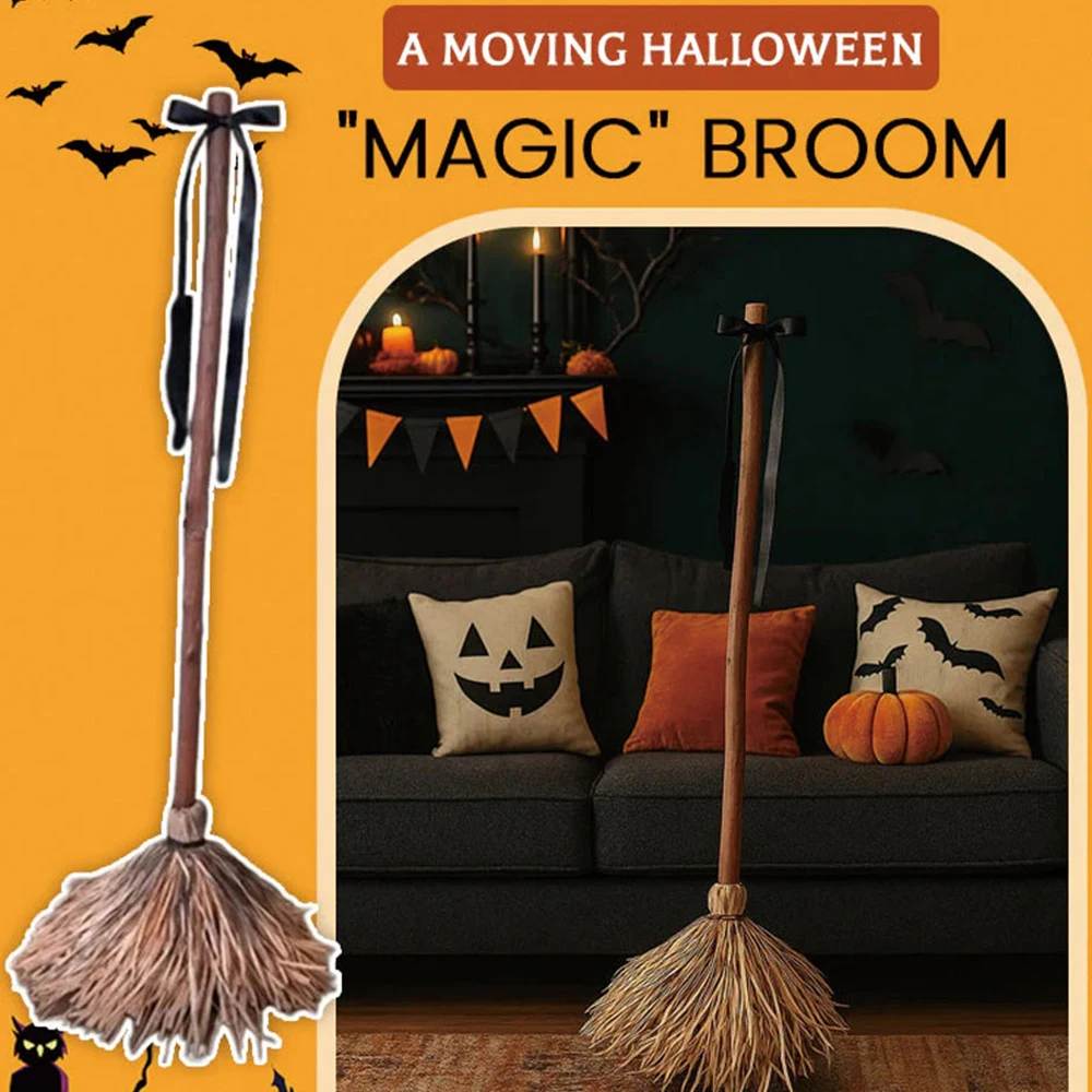Halloween Floating Witch's Broom Haunted Dancing Broom Moving Broomstick Magic Enchanter Sorceress Carnival Party Costume Props