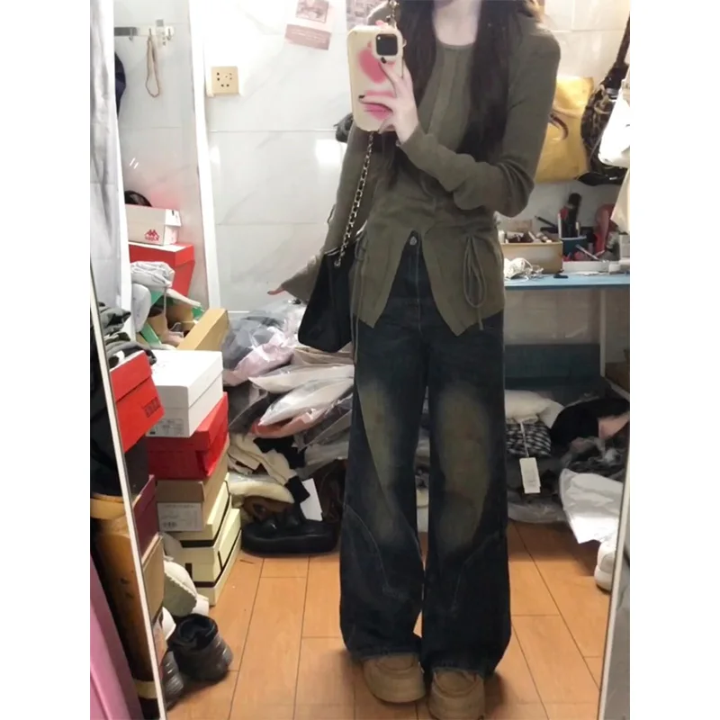 

Американские широкие джинсы с высокой талией, женские свободные утягивающие прямые джинсы, весна-осень, драпировка небольшого размера