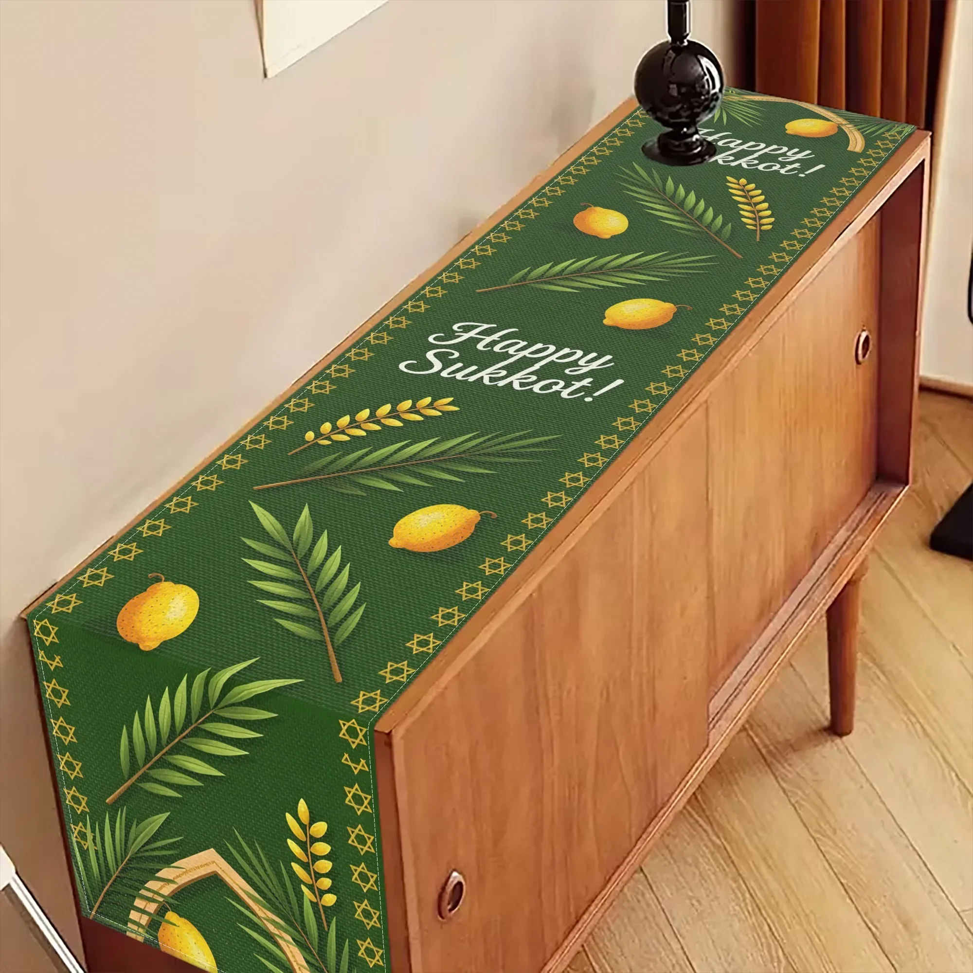 1Pc Sukkot Theme Table Runner Green Lemon Palm Leaf Happy Sukkot Print Table Cover For Dining Kitchen Console Table Decoration T
