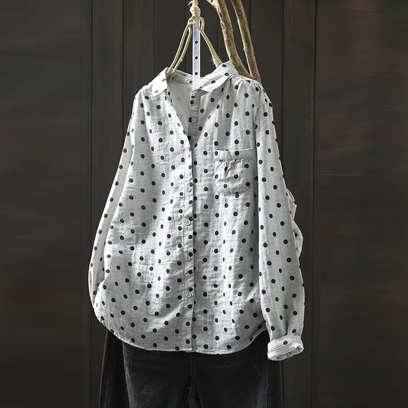 2023 Frühling Herbst neue Kunst Stil Frauen Langarm lose Turn-Down-Kragen Hemd Polka Dot Print Baumwolle Leinen Bluse Tops p541