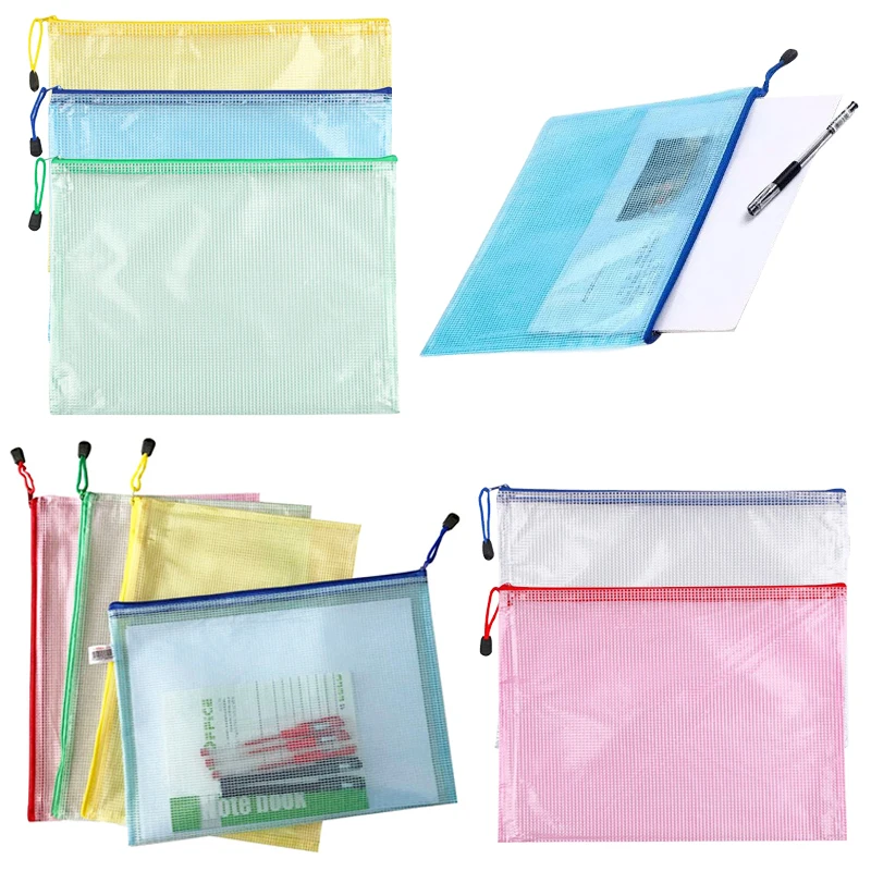

10PCS/Pack Transparent Grid Zipper Bag A4/A5 Size PVC Waterproof Multi-color Mixed Practical Document Storage Bag Stationery ZYF