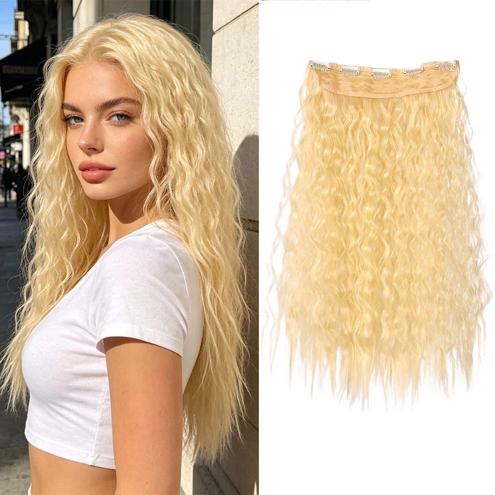 22 Zoll lange, hellblonde, gewellte Clip-in-Haarverlängerungen, dickes, volles synthetisches Haarteil für Frauen, natürlich, hitzebeständig