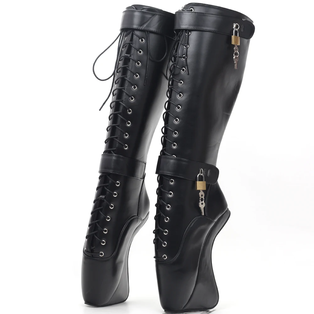 

18cm Ultra High Hoof Heels Lockable Padlocks Fetish Ballet Knee-High Boots