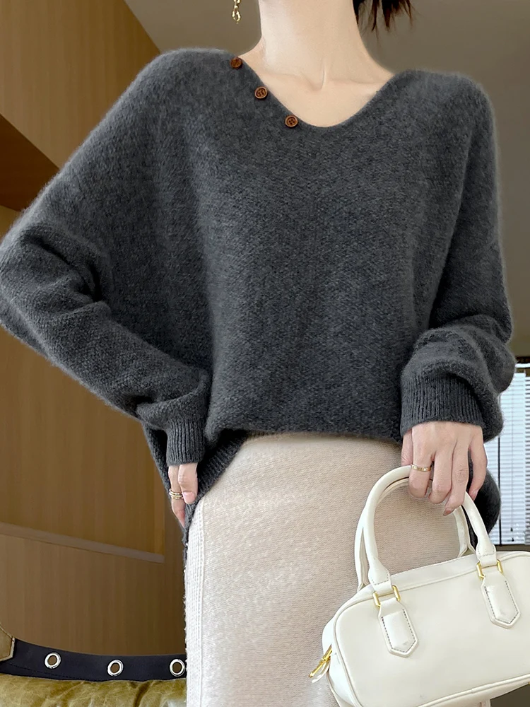 New Chic Women\'s V-neck Pullover Sweater 100% Merino Wool Knitwear Autumn Winter Loose Grace Style Cashmere Sweater Female Cloth