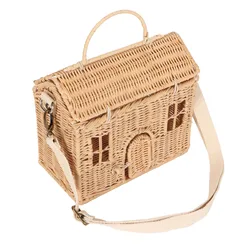Handwoven Rattan Bag House Shape Portable Handle Adjustable Strap Rattan Shoulder Bag for Beach Travel Outing