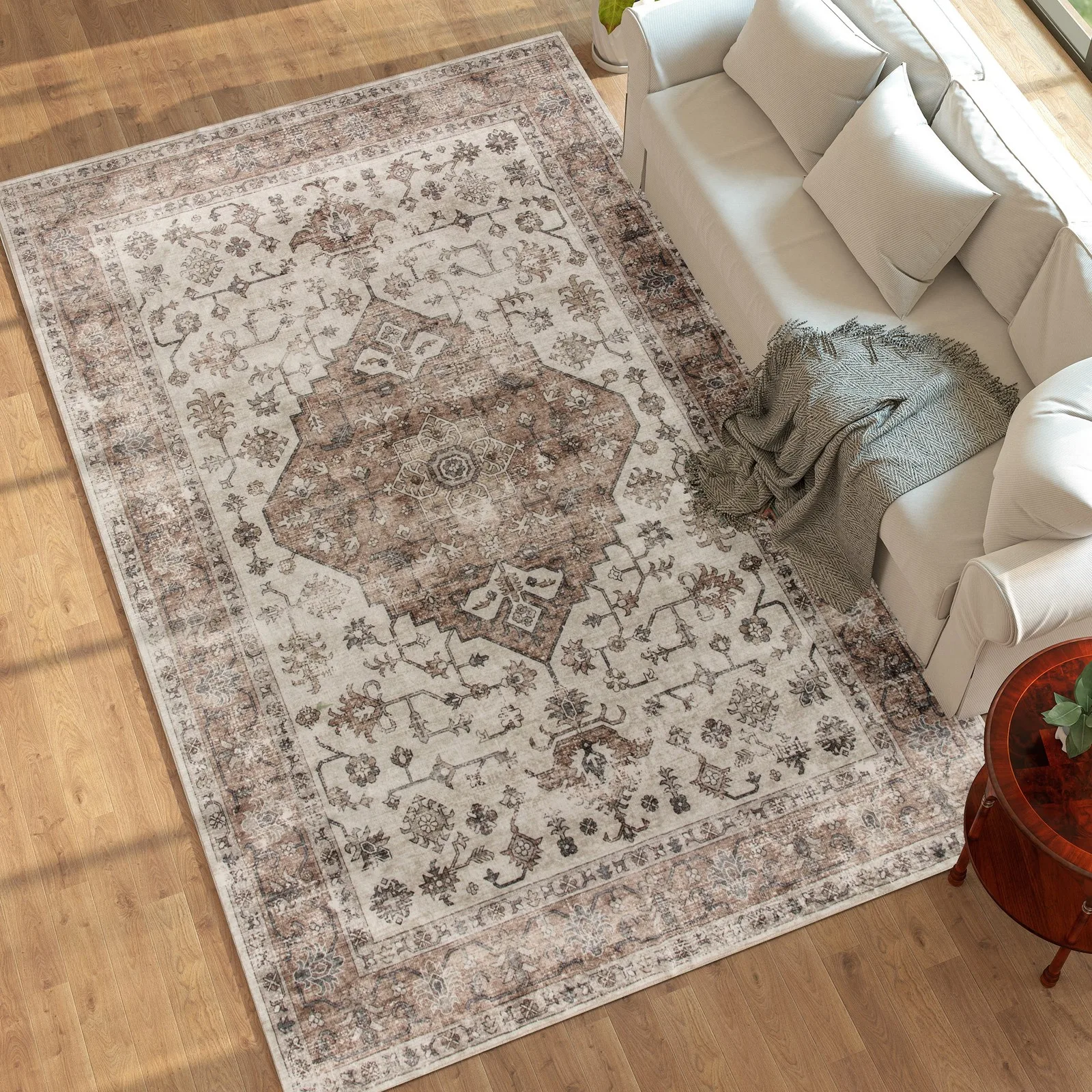 

8x10 Area Rug, Vintage Machine Washable Rug for Living Room, Tan