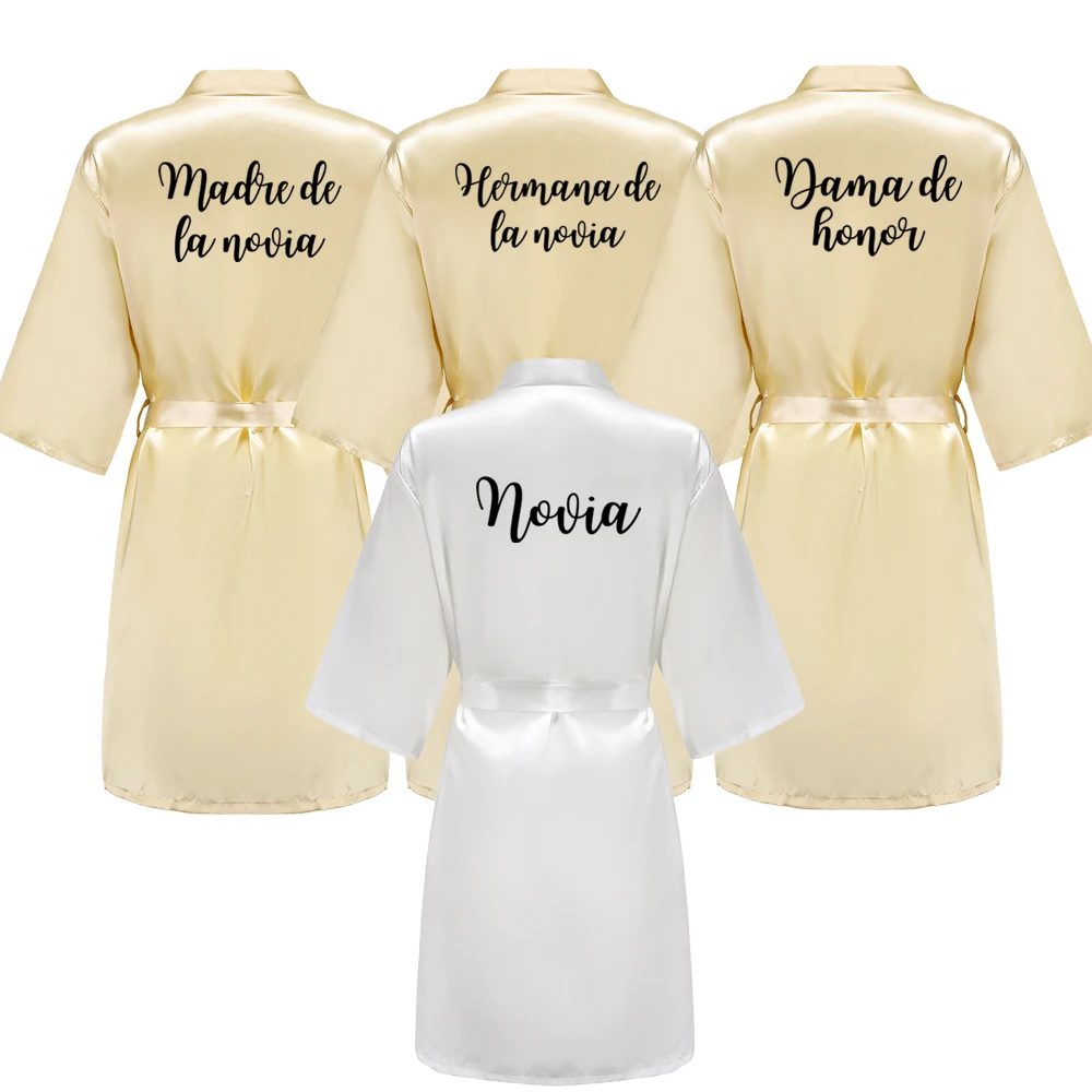 

Champagne Gold Novia Satin Robe Women Dama De Honor Espanol Spanish Wedding Madre Del Novio Bride Party Team Bride Robes