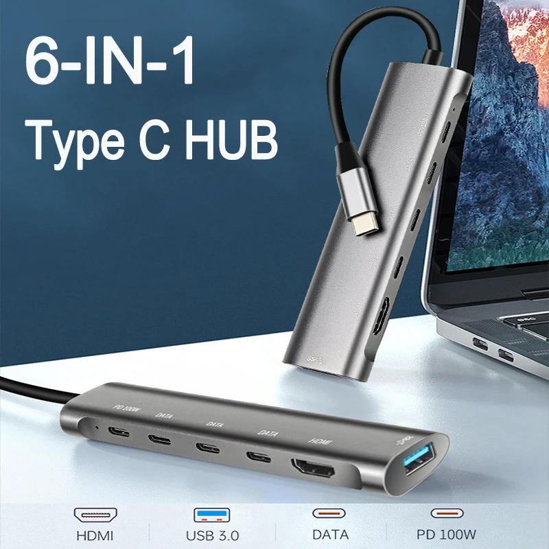 Hub USB Tipe C ke USB 3.0 2.0, HUB USB Tipe c ke USB 100 dengan DATA 4K HDMI PD W, adaptor Multiport untuk macbook, Laptop, pemisah USB