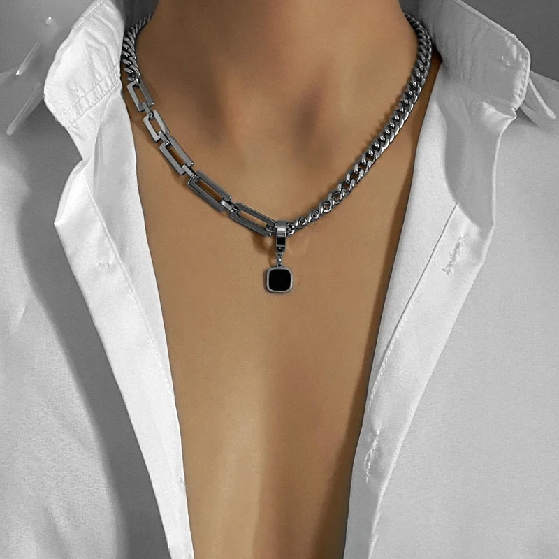 Creative Hip-hop Tide Brand Simple Black Square Earrings Pendant Necklace Men\'s Dual-use Design Stainless Steel Stitch Necklace