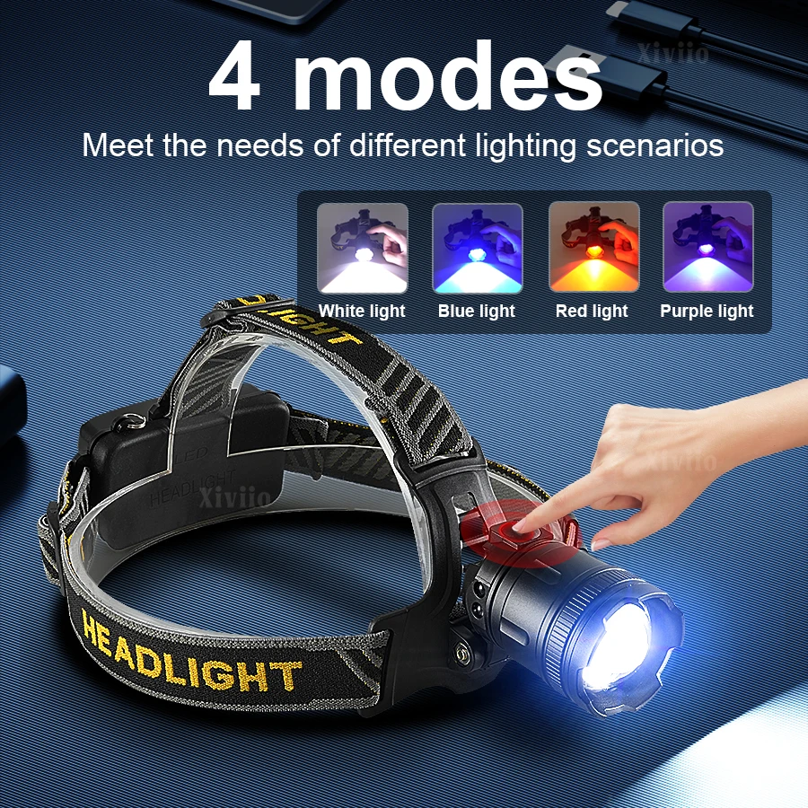 Multifunctional 4 Lights Head Lamp Portable LED Sensor Headlamp USB Rechargeable Head Flashlighs Outdoor Hunting Night Fishing