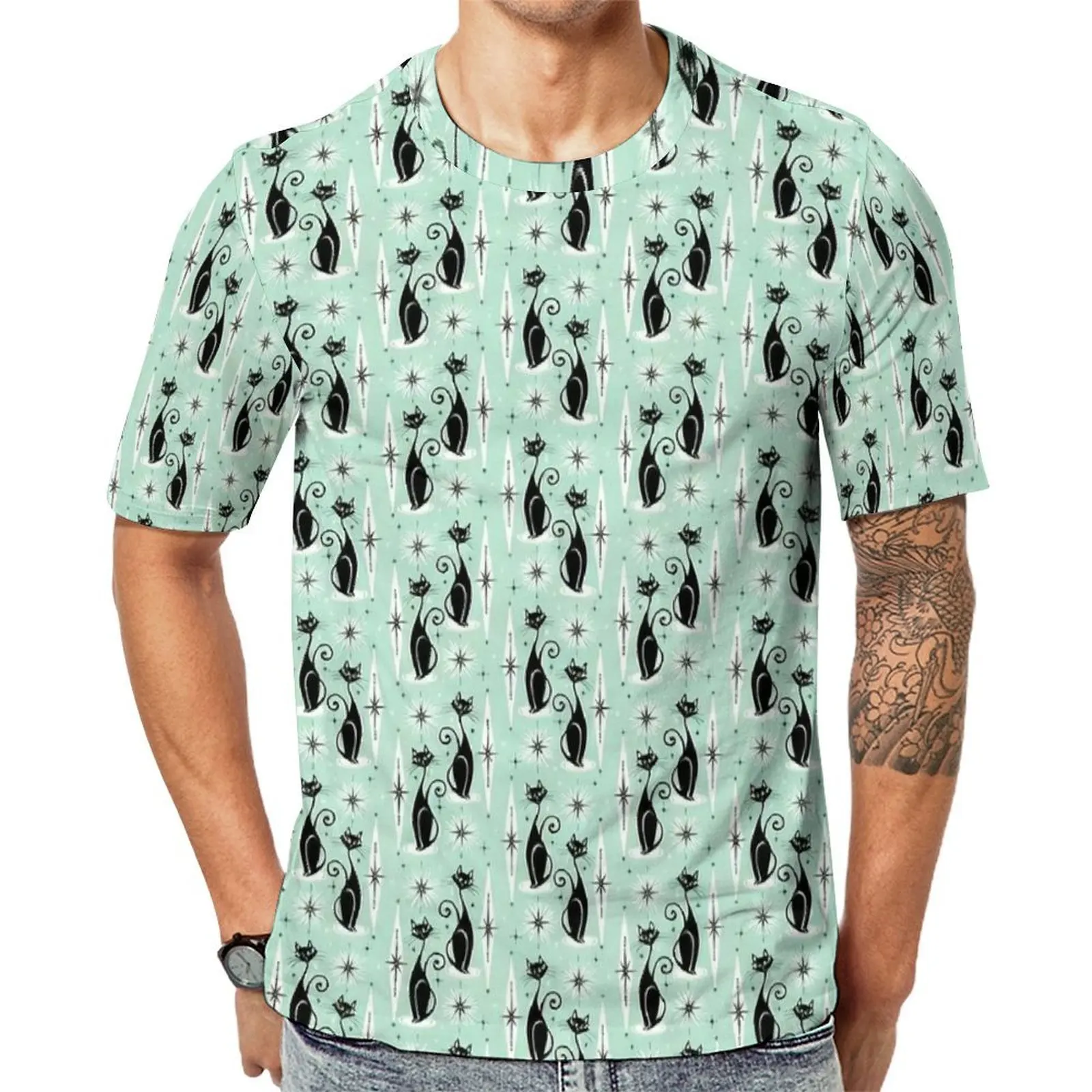 Summer T-Shirt Mid Century Meow Retro Atomic Cats T-Shirts Casual Vintage Tee Shirt Men Short-Sleeved Custom Big Size Clothes