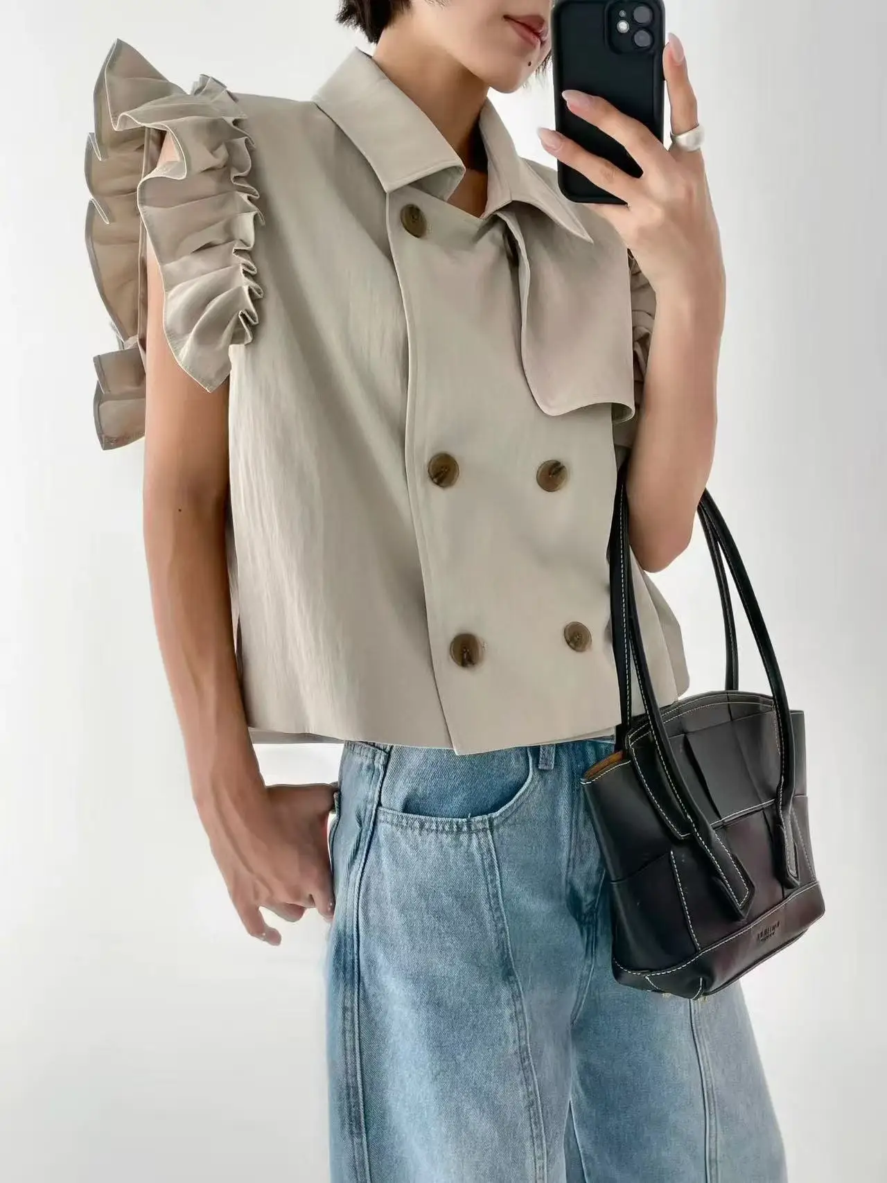 

Women's Loose Fit Short Sleeveless Jacket with Pleated Hem And Stand Collar Double Breasted Fly Sleeve Design Cotton Commute ...