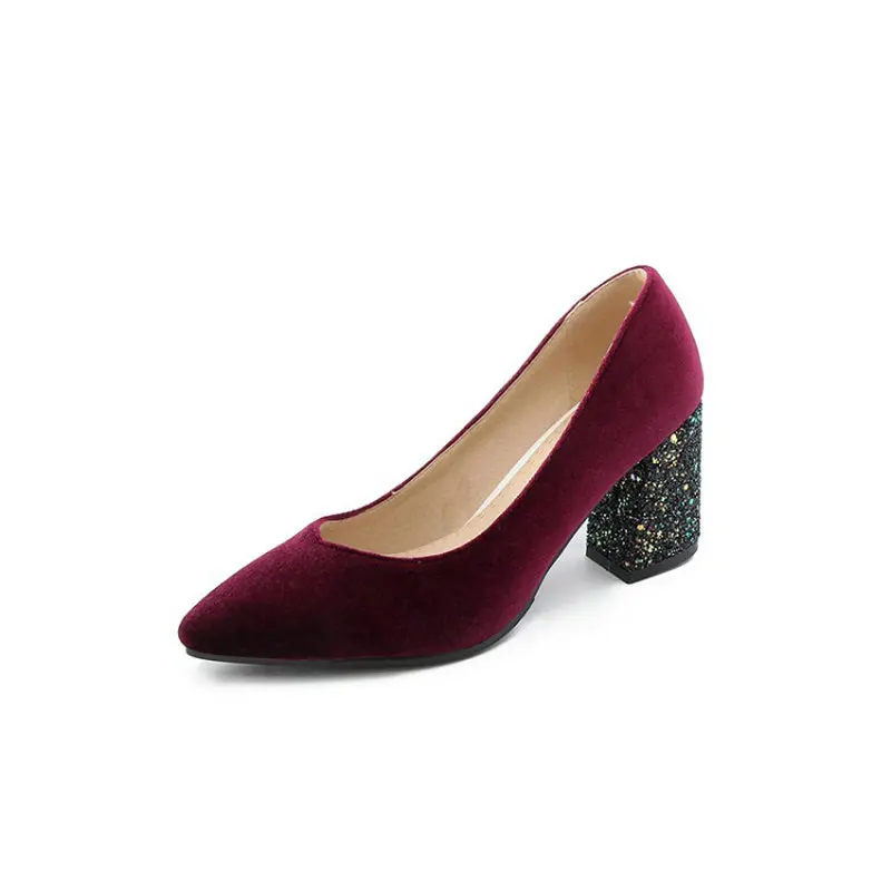 Sianie Tianie velour velet classic woman pumps shoes green burgundy stilettos glitter bling block high heels women shoes size 45