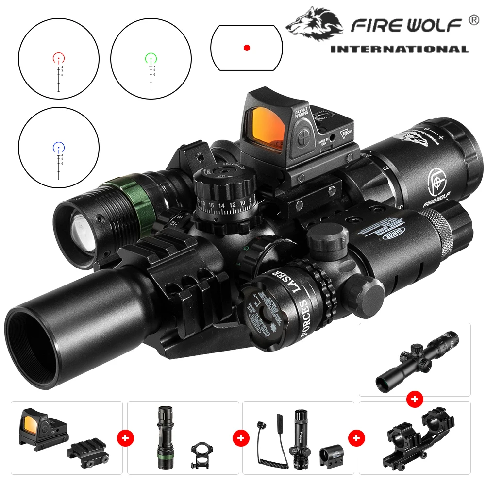 

Fire Wolf 1.5-4X30 Rifle Scope Red Dot Hunting Tactical Optical Sight Holographic Laser Set Spotting Scope for Rifle Hunting