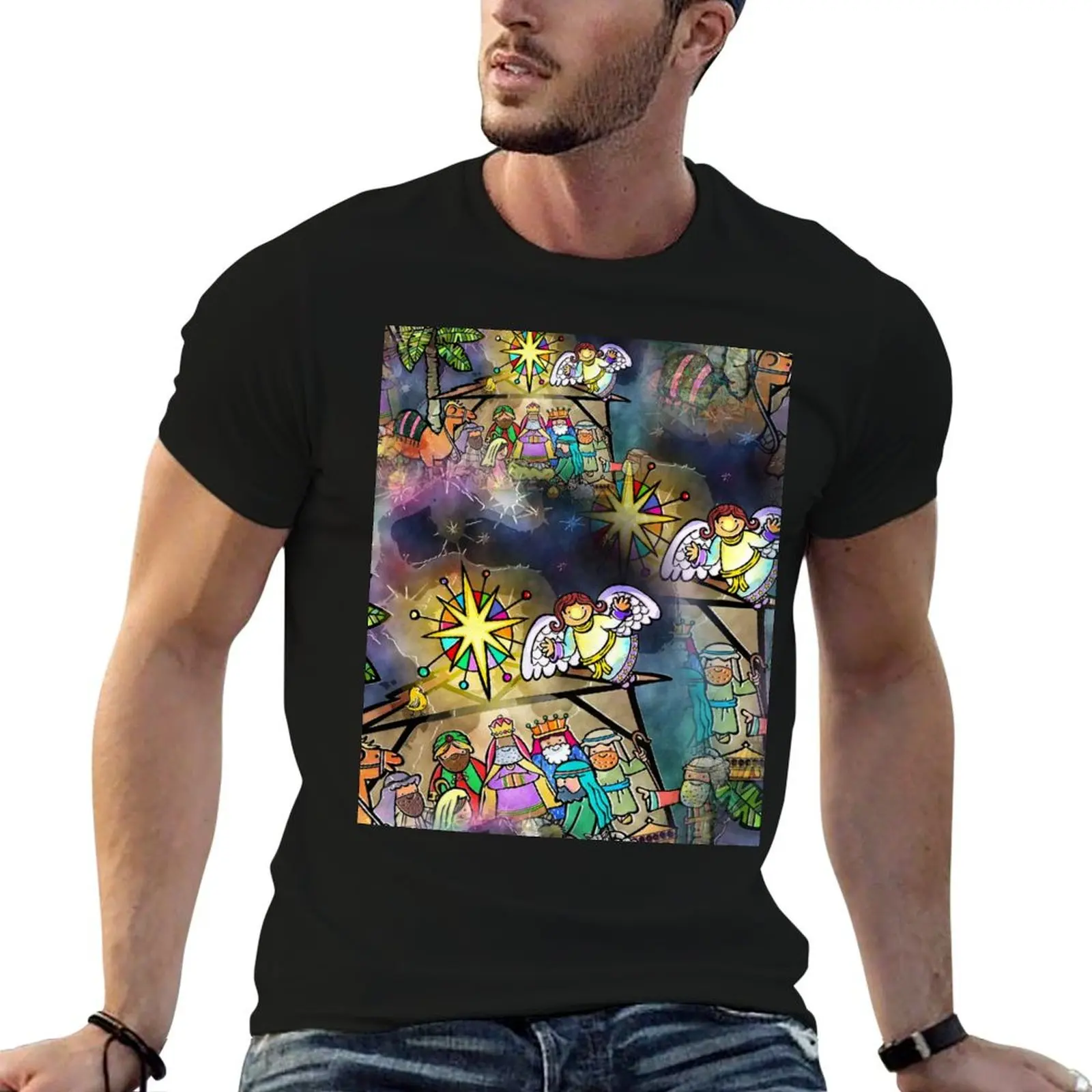Seamless Watercolour Christmas Nativity Abstract T-Shirt Big Size Short Sleeve Tee for Men