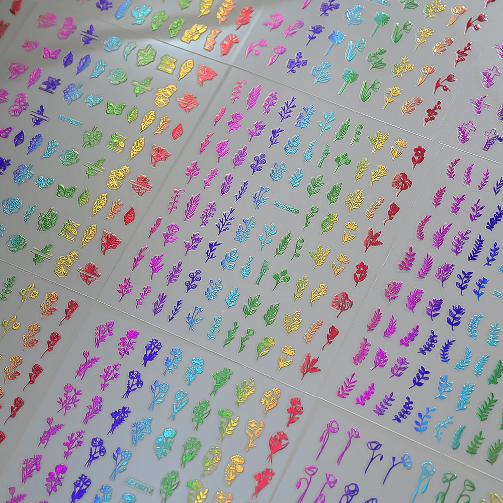 12PCS 3D Gradiënt Regenboog Bloemen Nail Art Stickers Vlinders Bladeren Rozen Nagelstickers Zelfklevende Kleurrijke Manicure Slider