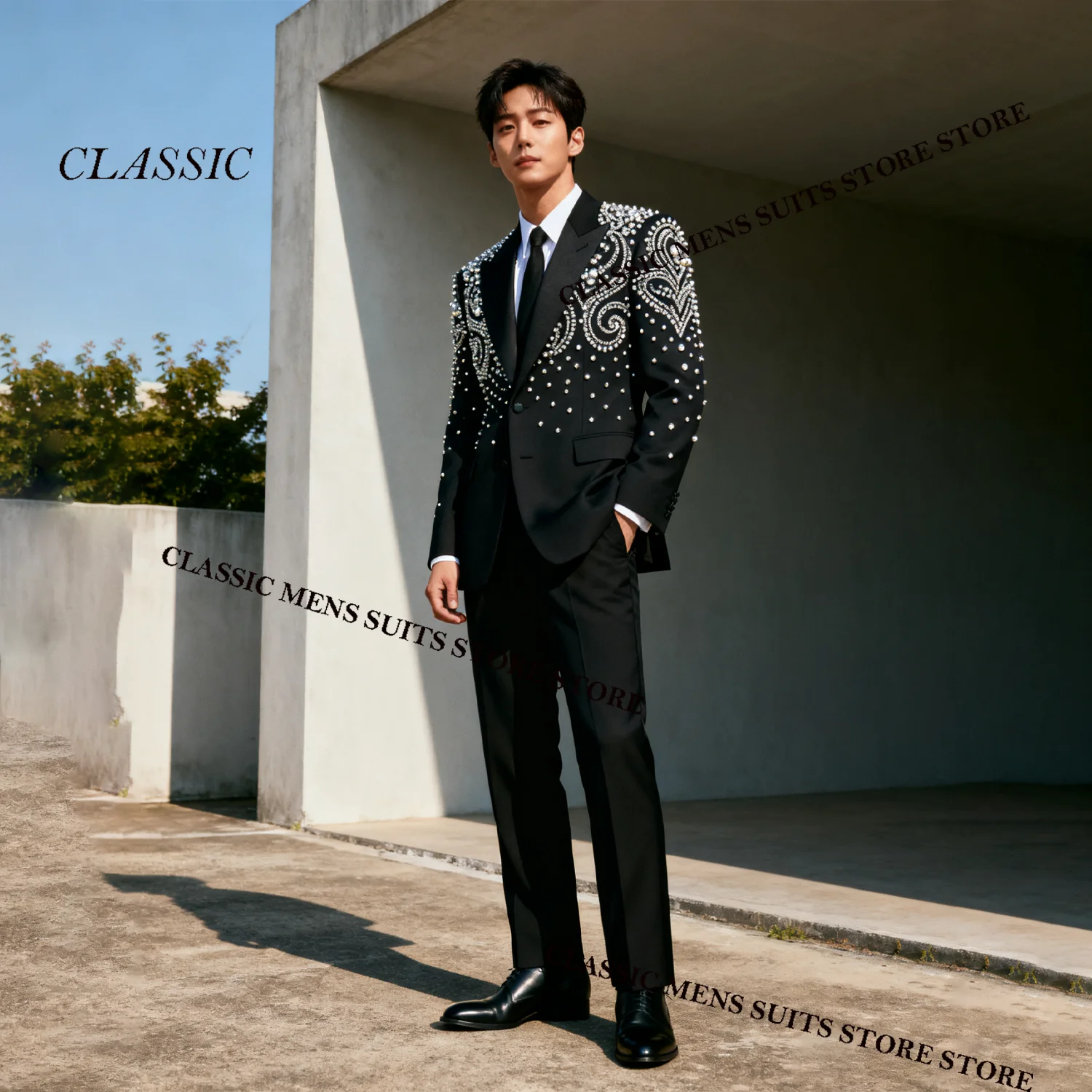 

Exquisite Design Gem Crystals Diamond Men Suits 2 Pieces Groom Male Blazers Slim Customized Wedding Party Tuxedos Ropa hombre