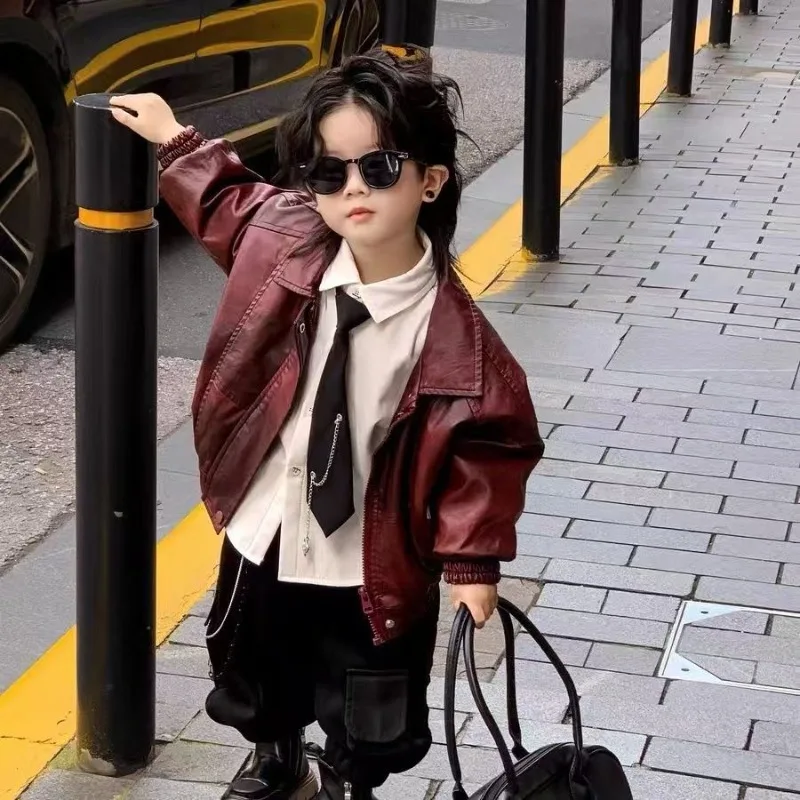 

Boys Leather Jacket Set 2025 Autumn and Winter New Foreign Style Baby Jacket Shirt Trousers Trendy Cool Three-piece Set