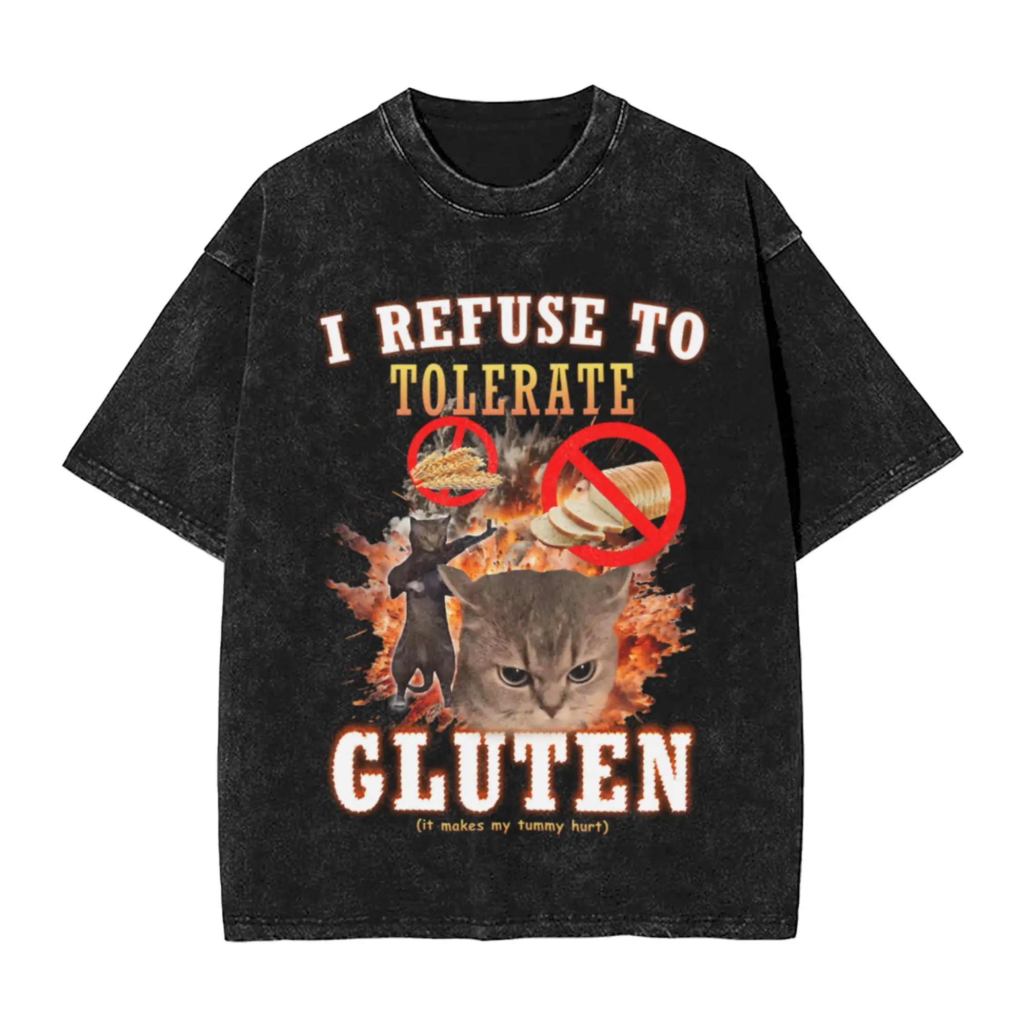 I Refuse to Tolerate Gluten Funny Cat Meme Unique Chic A T-Shirt Oversized Short Sleeve Men's Women's Cotton Tees Tops