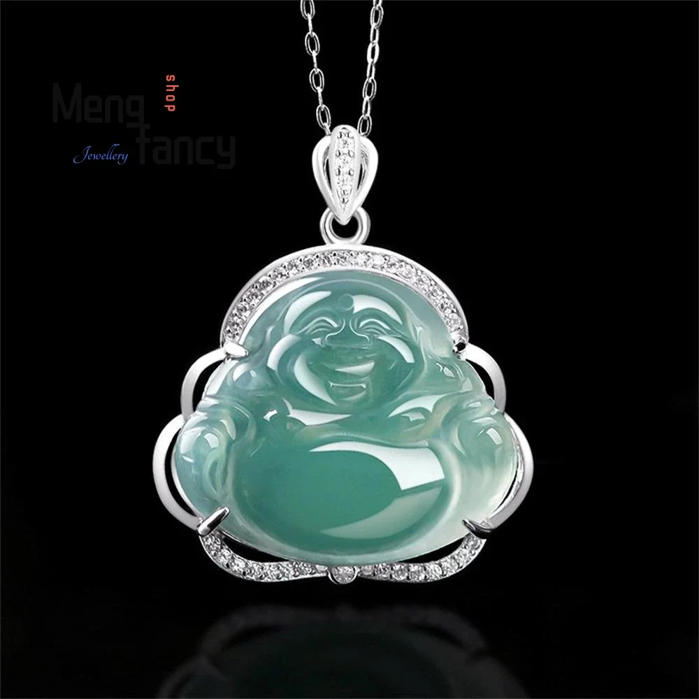 

S925 Silver Inlaid Natural A-goods Jadeite Blue Water Maitreya Buddha Ice Jade Pendant High-grade Exquisite Fashion Fine Jewelry