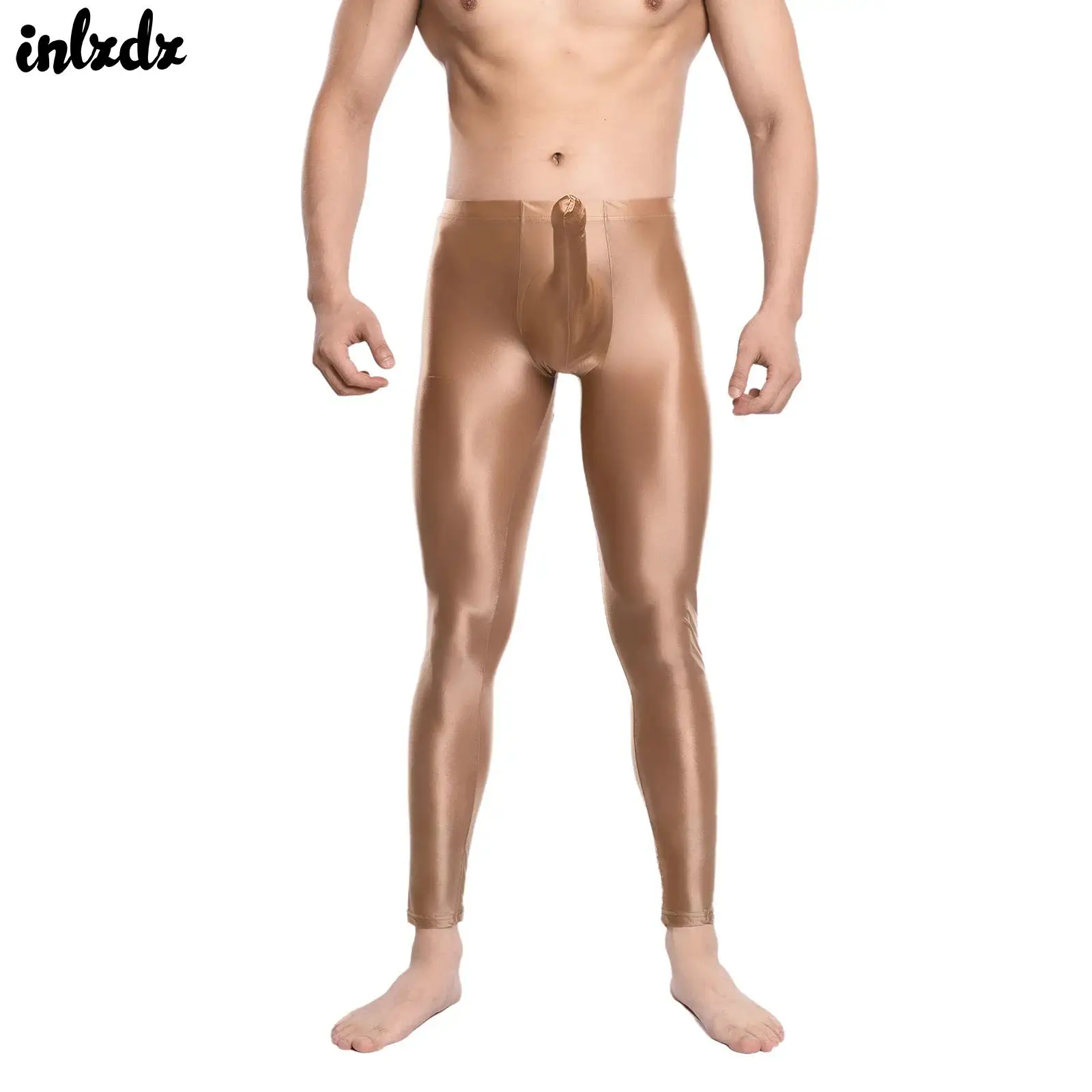 Mens Lingerie Penis Hole Sheath Pouch Tights Pants Glossy Stretchy Tights Sheath Pouch Leggings Compression See Through Trousers