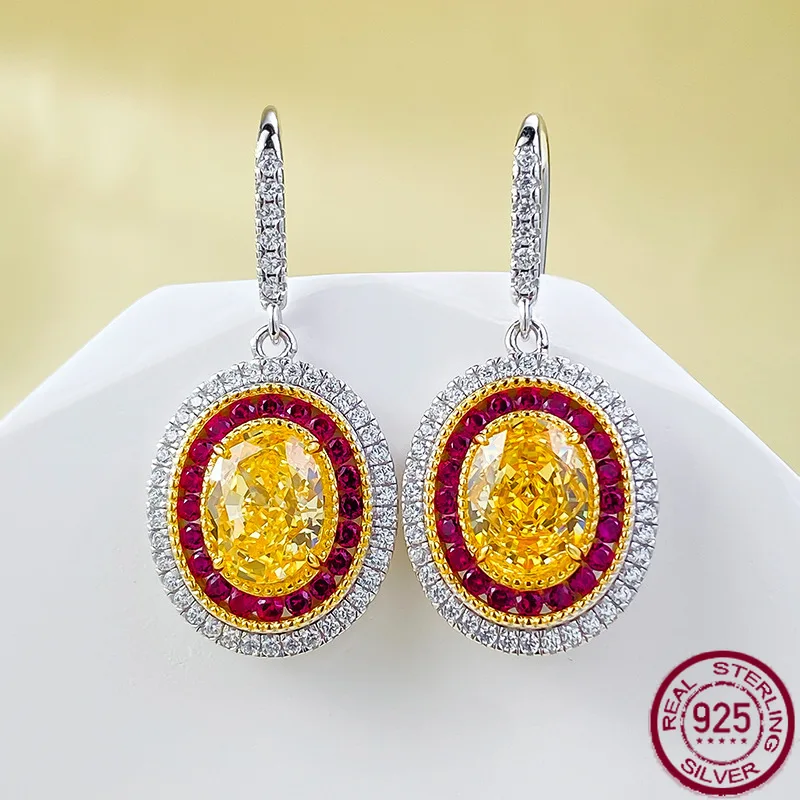 

New ear studs S925 pure silver yellow diamond 7 * 9 niche design earrings for women's wedding jewelry