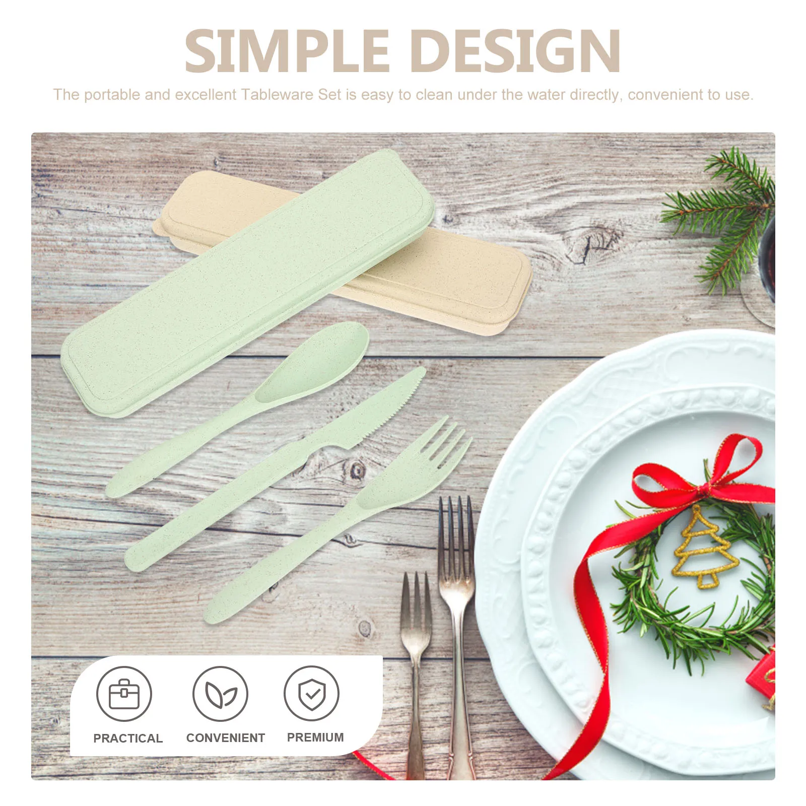 

2 Sets Portable Tableware Set North Green Beige Camping Travel Kitchen Reusable Cutlery Spoon ForkKnife StorageBox Outdoor