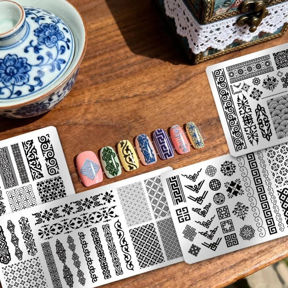 4pcs Chinese Style Patterns Nail Stamp Plate Retro Long Strip Nail Art Template Floral Motifs Nails Stencils - view 4