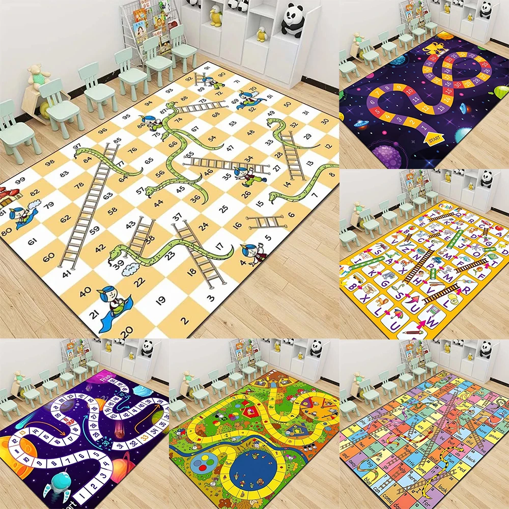 Kids Game Pattern Floor Mat Various Styles with Snakes Ladders Alphabet and Space Themes NonSlip Rug for Children's Room Decor