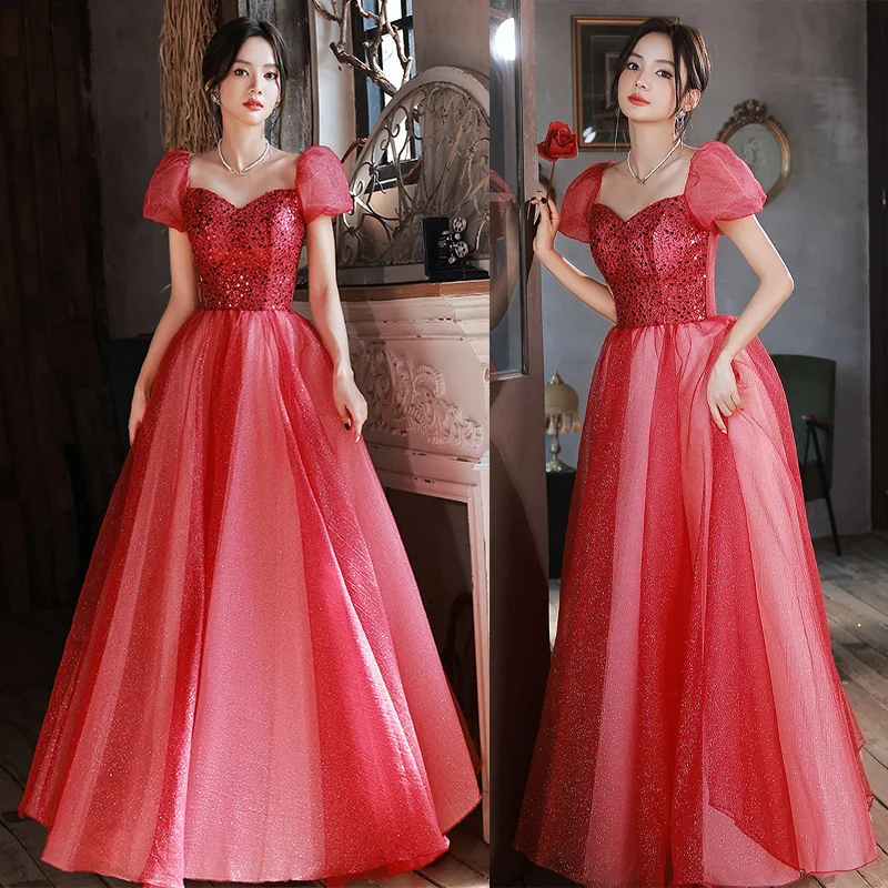 

It's Yiiya Strapless Sequins Short Sleeves Lace Up Tulle Floor-Length Red Pleat A-Line New Formal Dress Dress Woman Party A2818