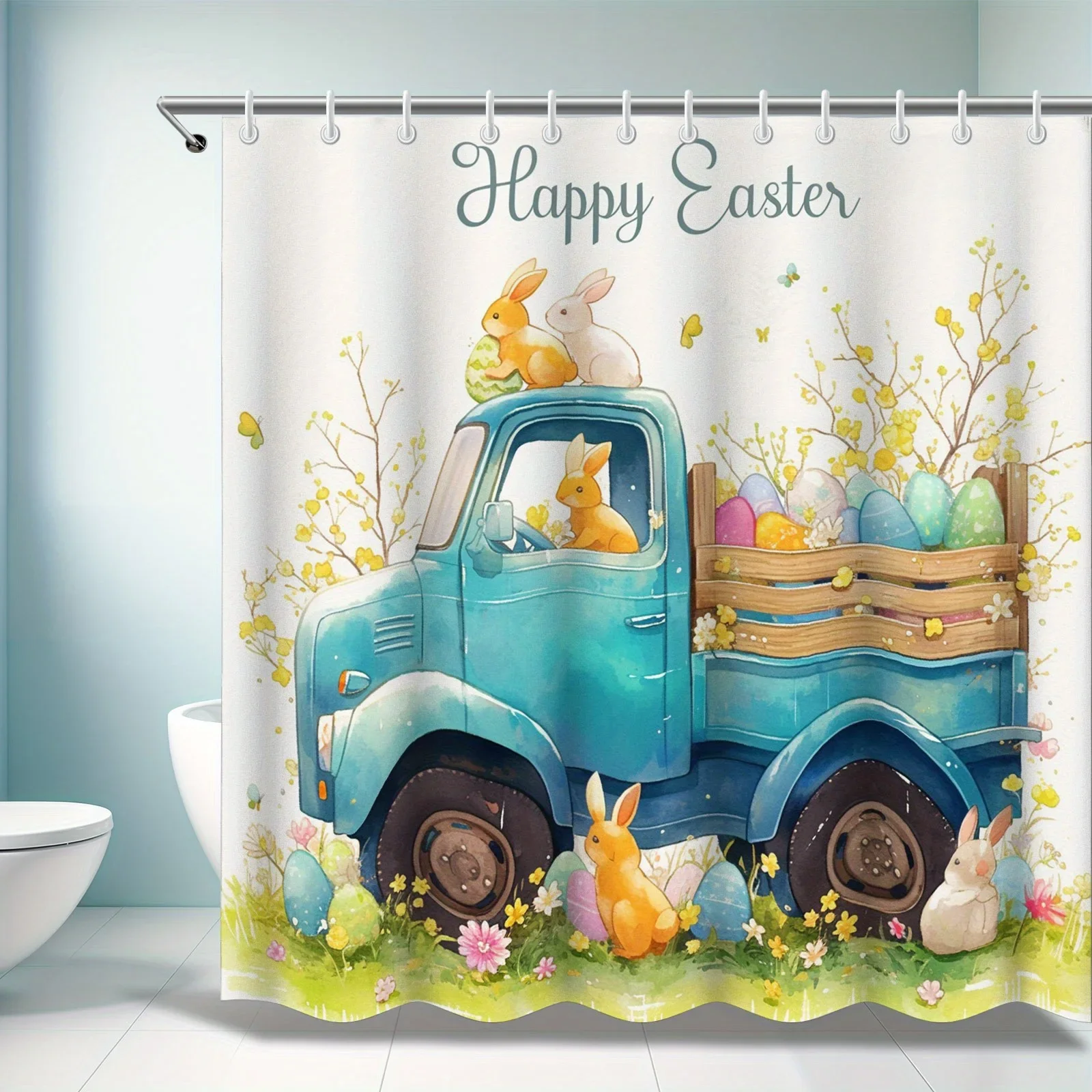 ~O~Happy Easter Shower Curtain - Colorful Flowers & Cute Rabbit, 71x71 Inch Polyester, 12 Hooks, Bright Bathroom Decor