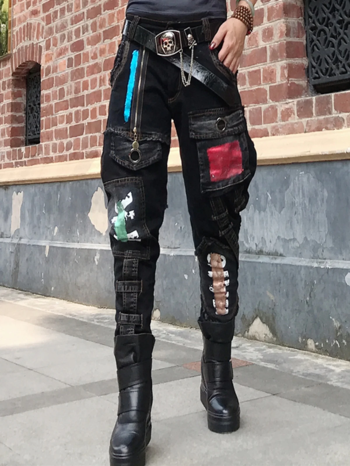 

Весенне-осенние женские свободные джинсы в стиле панк, брюки-харланы, повседневные модные широкие джинсы, хлопковые джинсовые брюки с принтом
