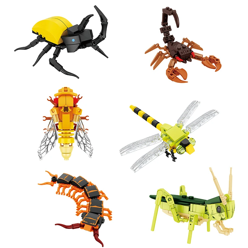 

6 шт., носорог, стрекоза, скорпион, многоножка, цикада, конник, набор строительных блоков, серия насекомых, детские научные развивающие игрушки