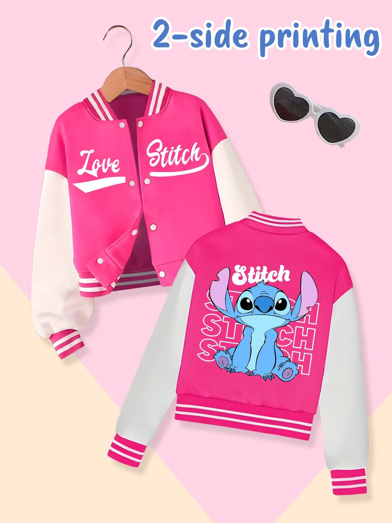 Disney fashion trend baseball jacket, suitable for daily sports and casual wear, printed with cute Stitch pattern, nice gift.