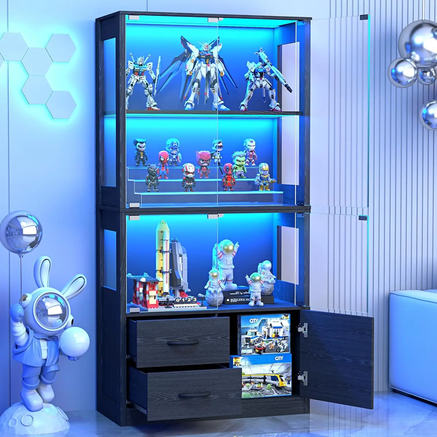 4Tier Display Cabinet Glass Doors 3Color Lights Human Body Sensor 3 Shelves 2 Drawers Collectibles Living Dining Game Room Black