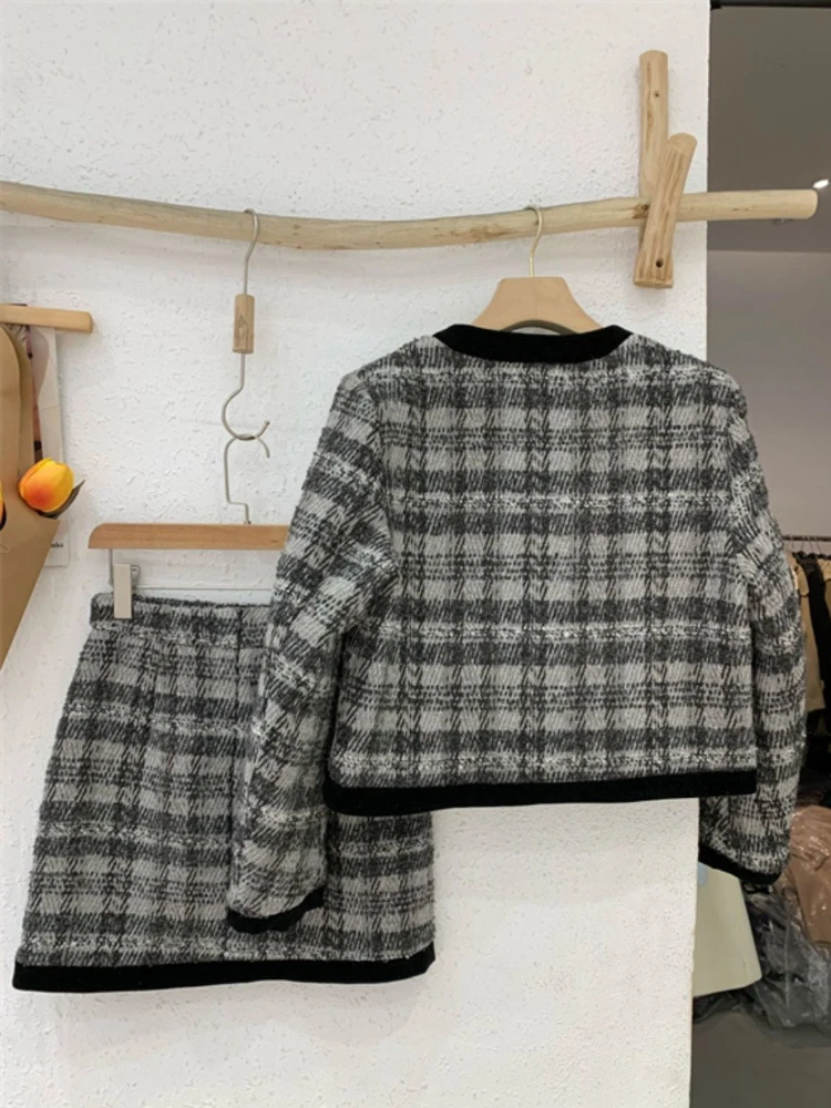 Fashion Commuter Thickened Plaid Suit Women 2023 Autumn Winter Bow Single-Breasted Pocket Cotton Coat+A-Line Skirt Two-Piece Set