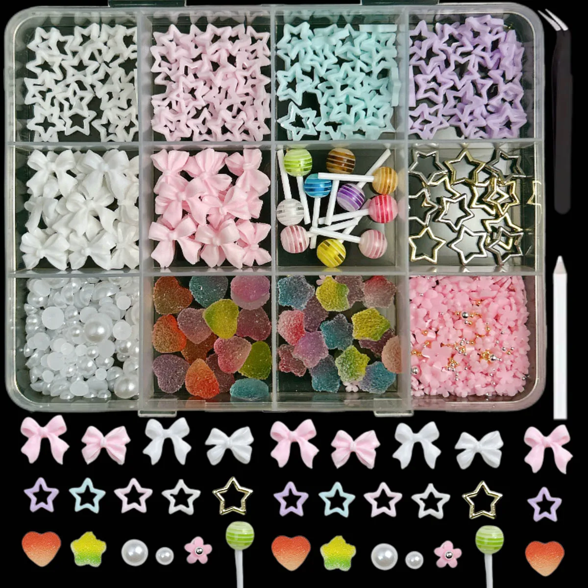 1박스 크리에이티브 프로스티드 퍼지 하트 롤리팝 레진 네일 아트 장식 3D 속이 빈 단색 별 미니 꽃 네일 참 DIY