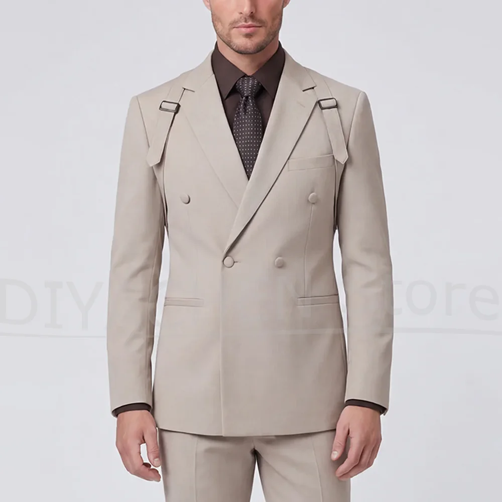 Men Double Breasted Suit with Shoulder Strap Design Blazer and Pants Formal Wedding Party Business Modern Tuxedo 2 Piece