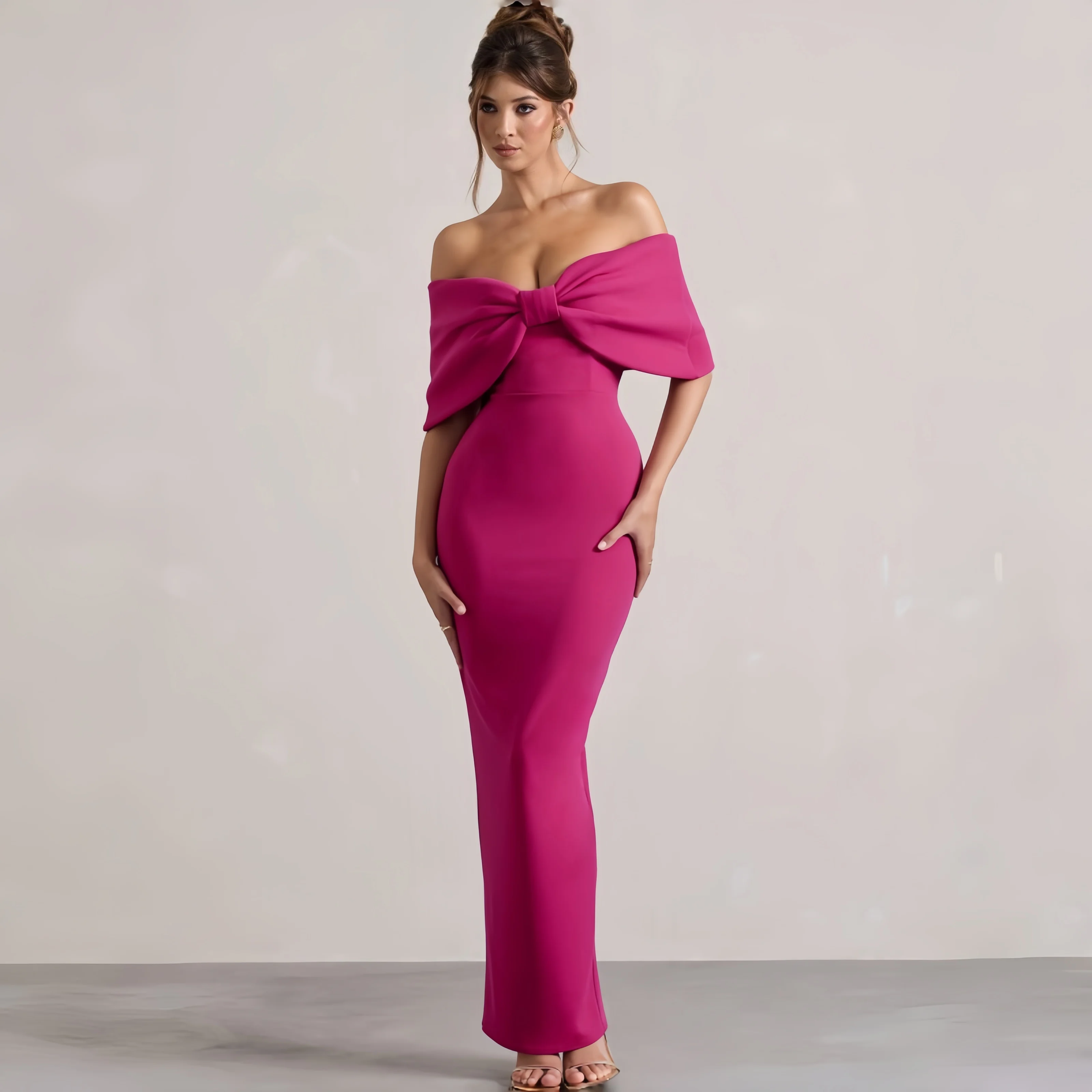 

2026 New Hot Pink Off Shoulder Bow Evening Dress for Women Sexy V Neck Bodycon Maxi Dress Elegant Women's Formal Evening Gowns