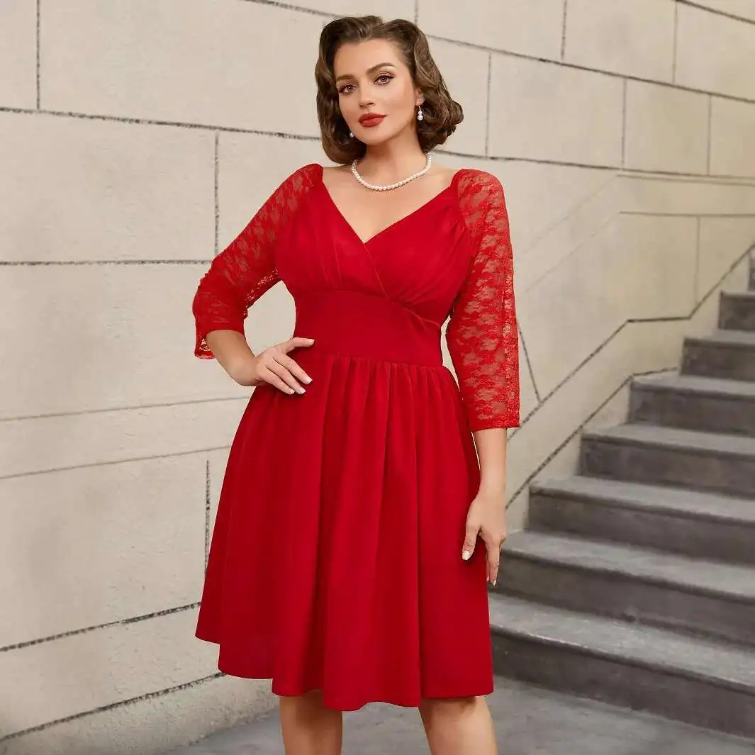 

Size Plus Red Mom Wedding Banquet Dress V-neck High Waist Lace Sleeve A-line Party Dress 2025 Party Summer Elegantes Casual Y2k