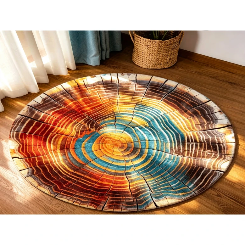 Wood Tree Ring Round Area Rug Colorful Log Cross‑Section Cracked Timber Art Floor Mat for Living Room Decoration