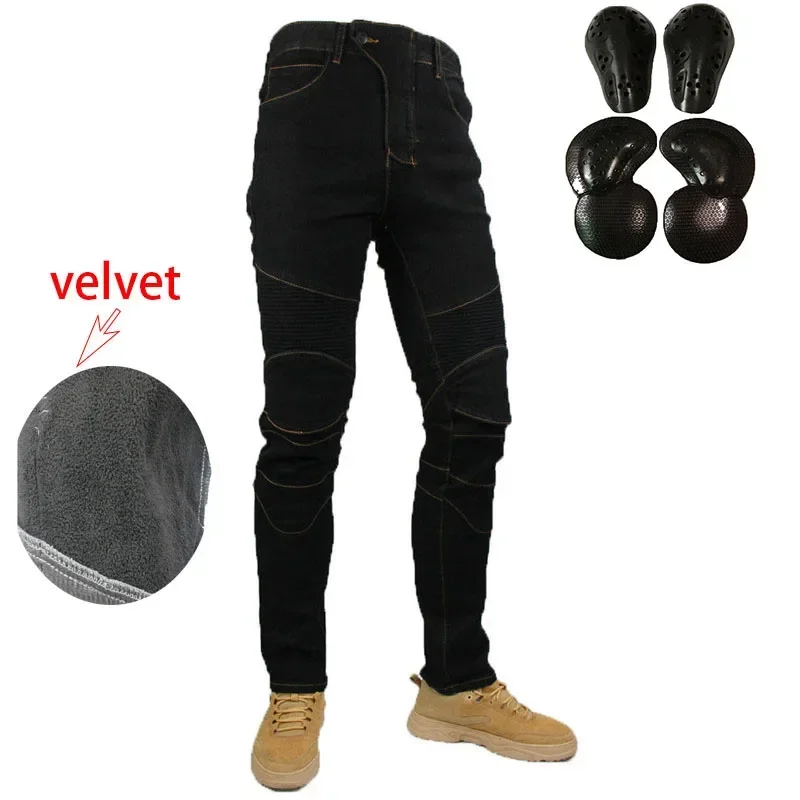 Jeans d'équitation de moto coupe-vent, pantalons de moto, pantalons Hocky élastiques minces en cachemire, équipement de protection anti-chute, hiver